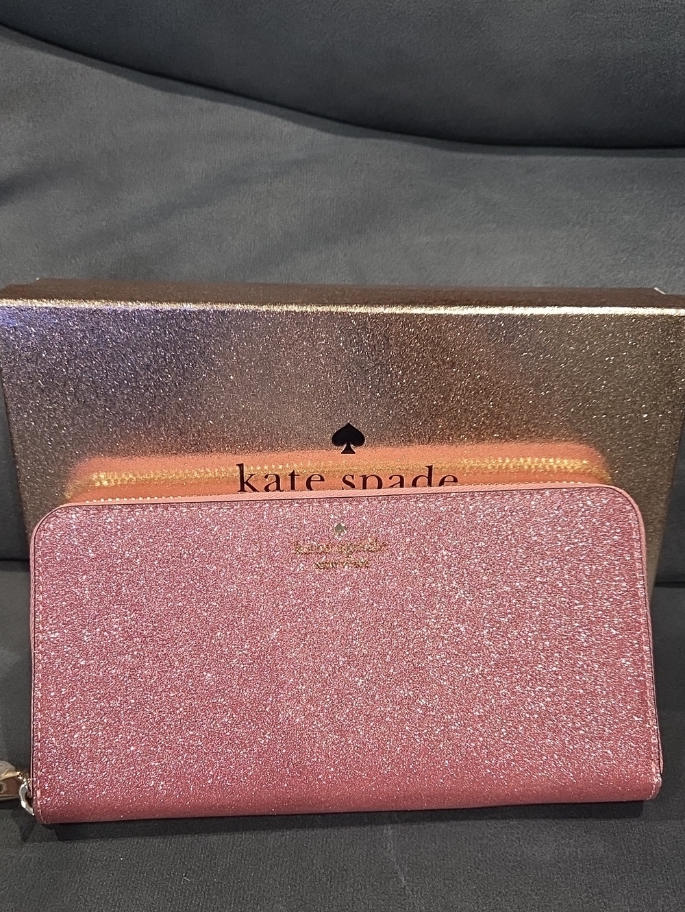 kate spade Pink Glitter Zip Wallet with Gold Logo Large Continental Wallet NWOT